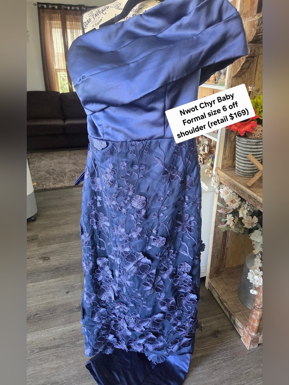 Strapless Navy Floral Appliqué Formal Dress
